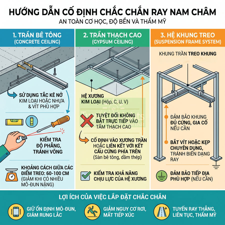 Hướng dẫn cố định chắc chắn ray nam châm cho trần bê tông, trần thạch cao và hệ khung treo an toàn